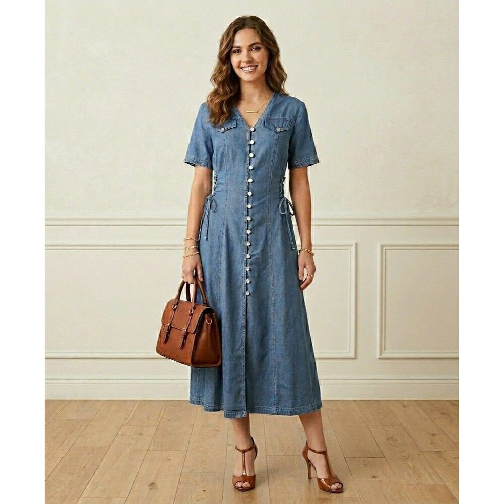 VTG DJ Int’l Denim Midi Dress Size 5/6 Lace Up Corset Sides Button Front 90s Y2K - Picture 1 of 16